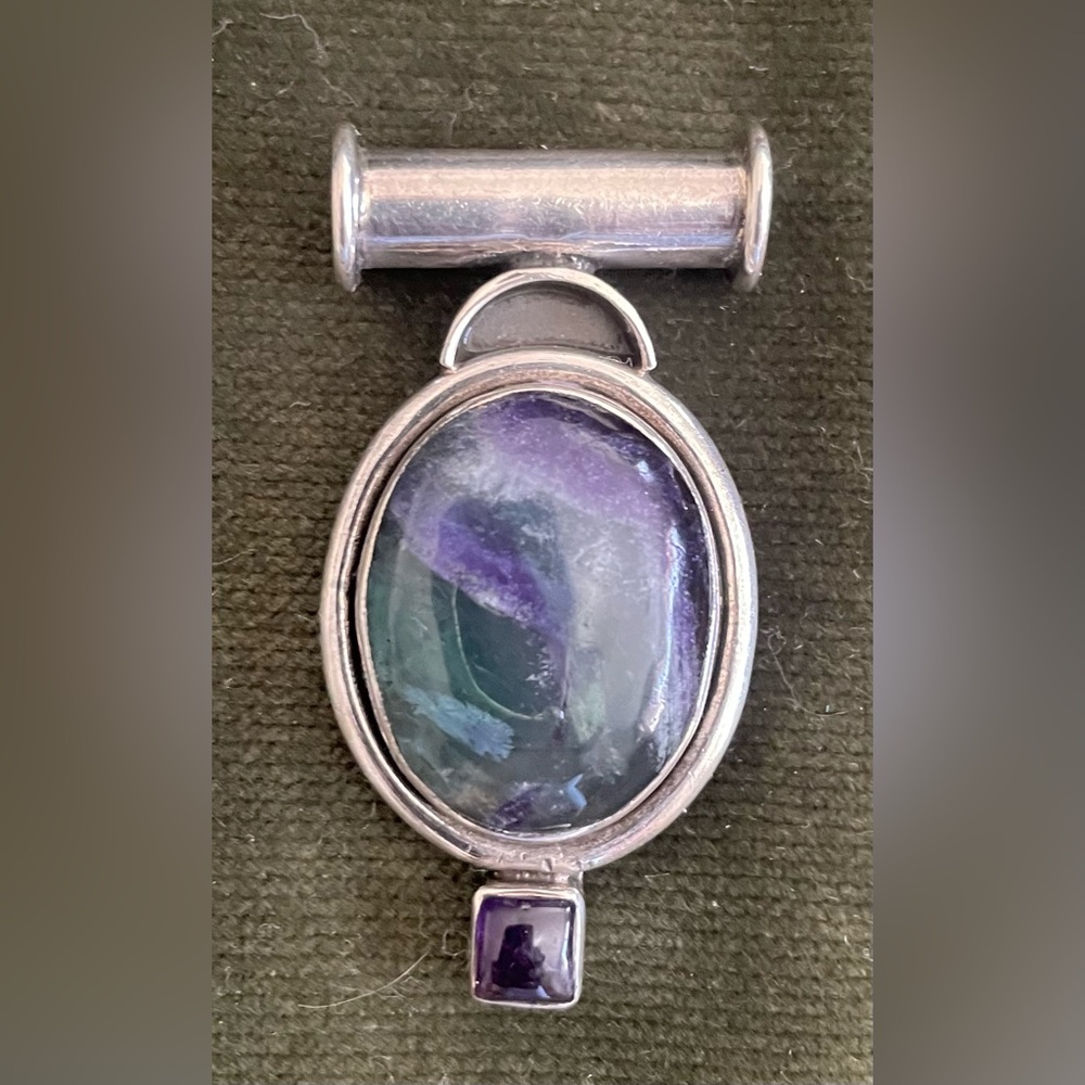 Sterling silver rainbow fluorite and amethyst pendant